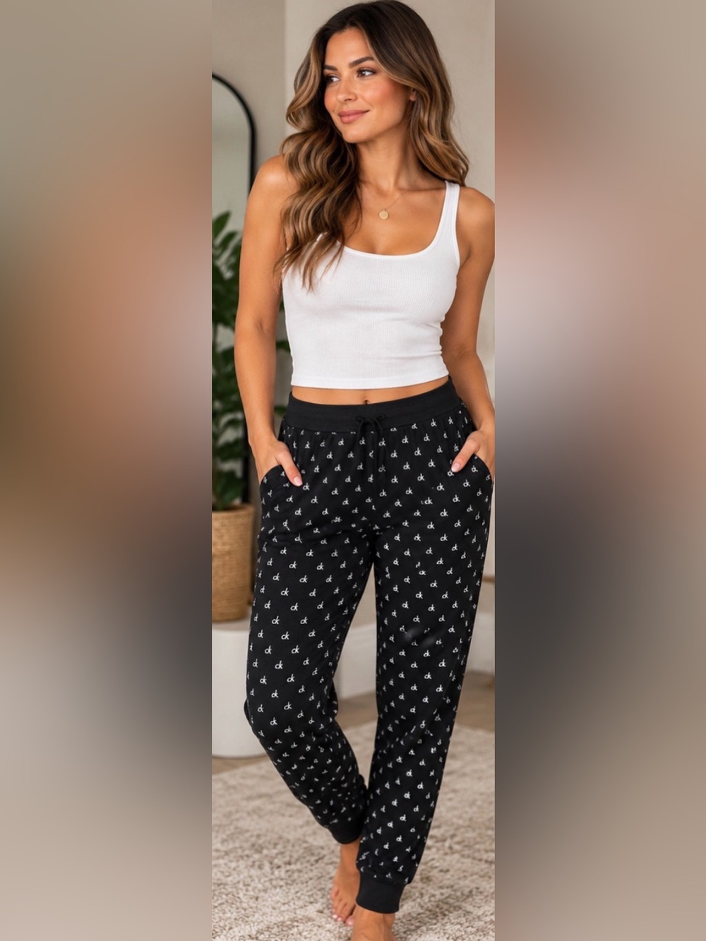 Calvin Klein Monogram Fleece Joggers Black & White Tank Top